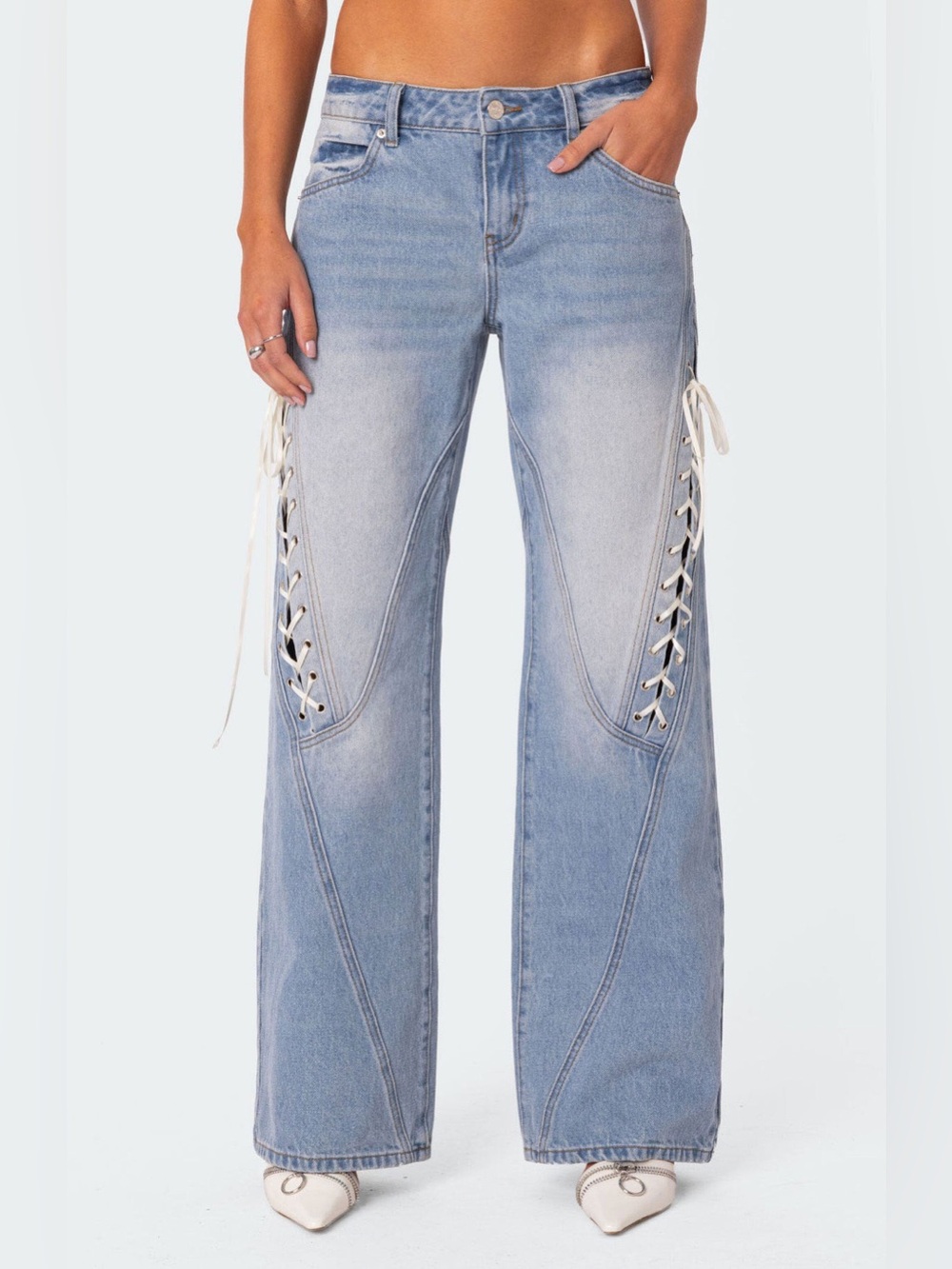 Edikted Women’s Lace-Up Low Rise Wide Leg Jeans